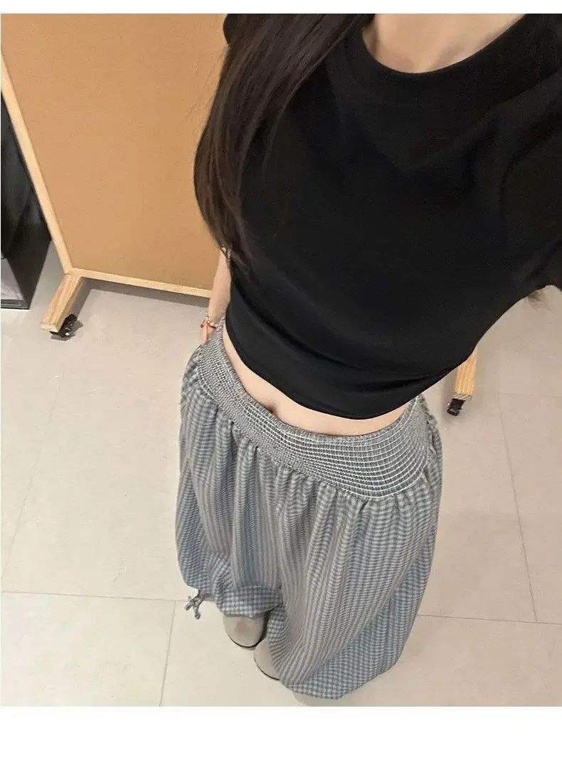 2026 Herbst Koreanischer Stil Rosa Karierte Damen-Weitbein-Hose Hohe Taille Locker Sitzend Figur-Schmeichelnd Eisseiden-Haremshose – Detail 5