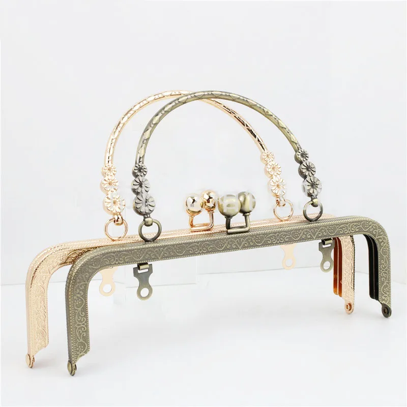 10Pcs 20cm Embossed Floral Bags Handle Purse Frames Clutch Kiss Clasp Sewing Brackets DIY Metal Bag Handles Accessory