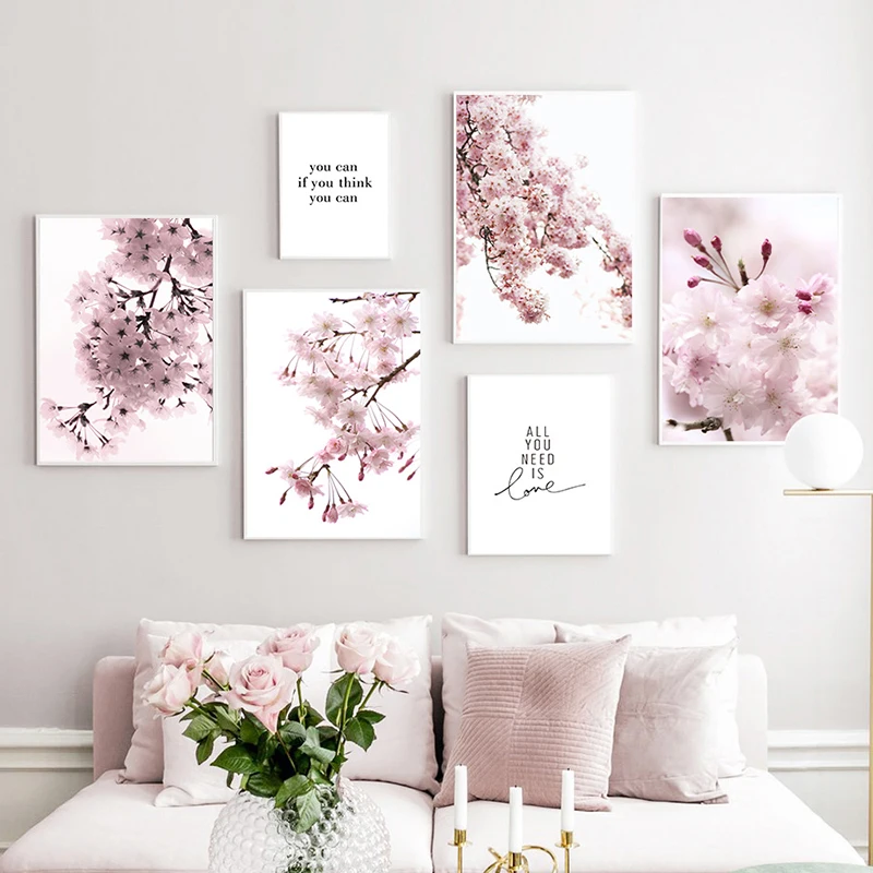 Cherry Blossoms Pink Flower Wall Art Nordic Posters and Prints Quotes Canvas Painting Wall Pictures For Living Room Home Deco