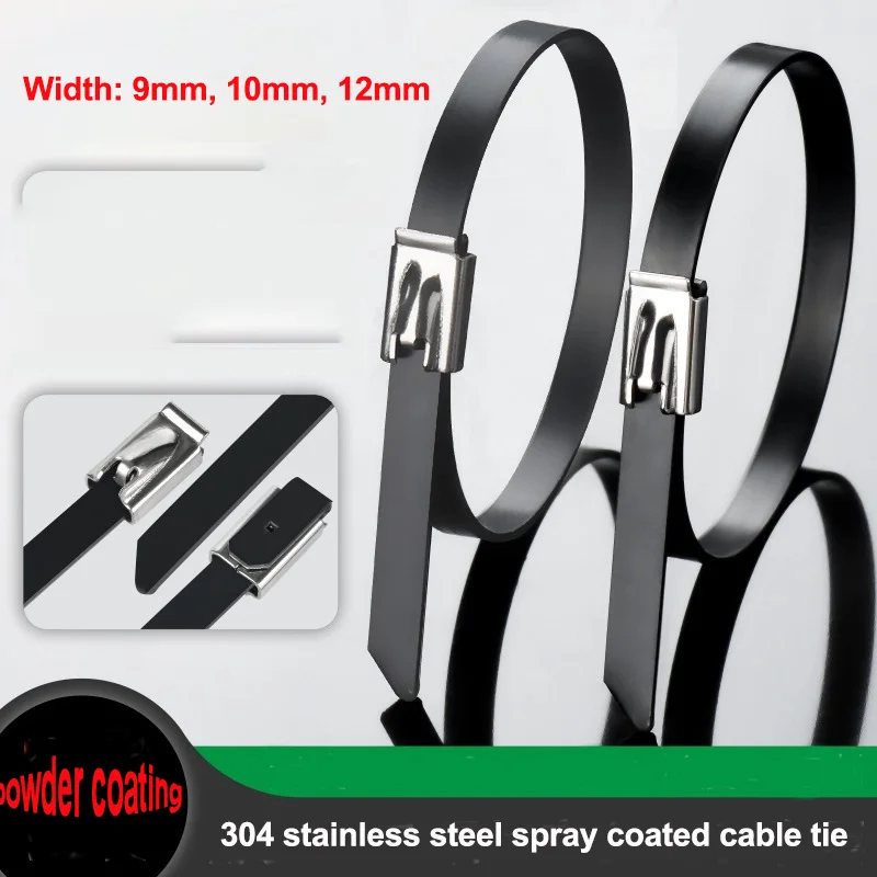 9/10/12mm Wide 304 Spray Coated Stainless Steel Cable Tie, Black PVC Coated Bridge Cable Tie, Label Cable Tie