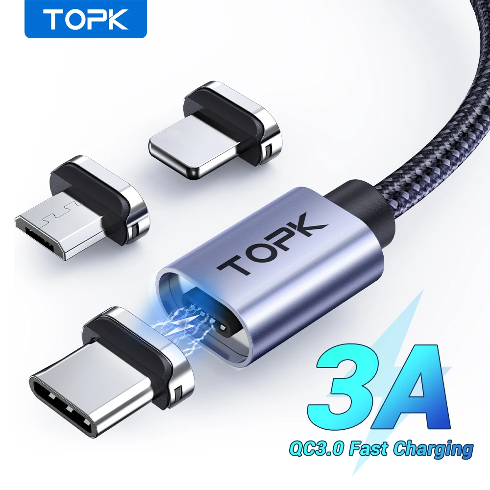 TOPK كابل شحن مغناطيسي 3A كابل Micro USB من النوع C مع سلك شاحن هاتف مغناطيسي بإضاءة LED لأجهزة iPhone Android