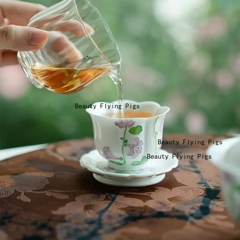 Hand Drawn White Porcelain Bell Orchid Teapot, Household Ceramic Pot, Tea Cup and Plate Combination, Tea Set Accessories
