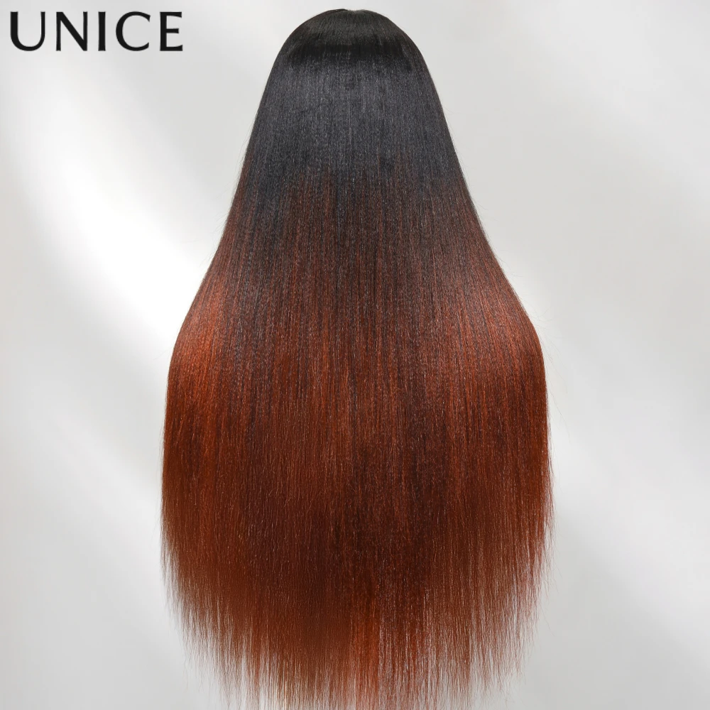 UNice Hair Ombre Auburn Yaki Straight Human Hair V Part Wig With Drawstring Fit For All Head Sizes 150% Density image 6