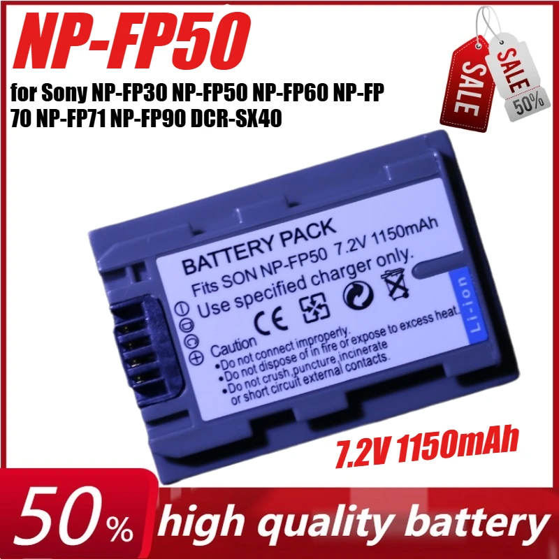 

7.2V 1150mAh NPFP50 NP-FP50 Battery for Sony NP-FP30 NP-FP50 NP-FP60 NP-FP70 NP-FP71 NP-FP90 DCR-SX40 SX40r SX41 HDR-CX105