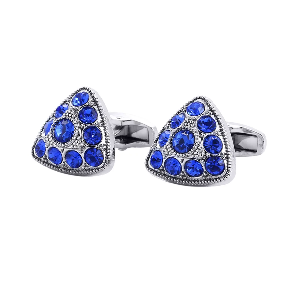 Men's French Cufflinks Full Rhinestone White & Blue Crystal Simple Round Triangle Design Business Dress Cuff Links