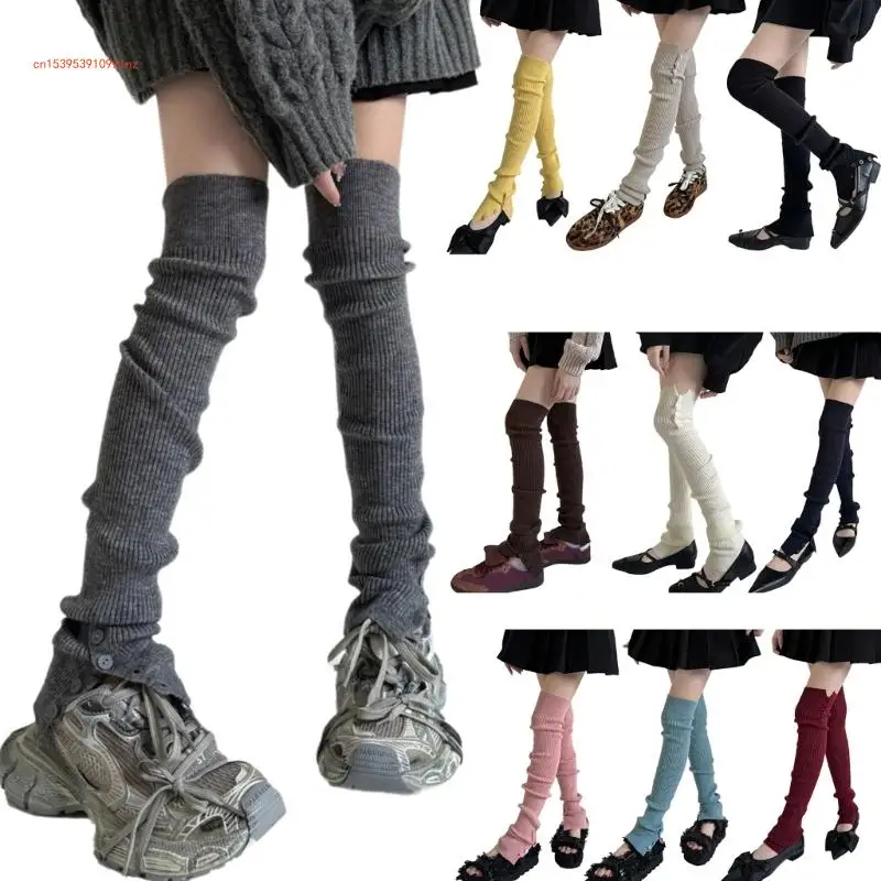 Harajuku Long Socks Leggings Cover with Slit Buttons Knit Thigh High Leg Warmers