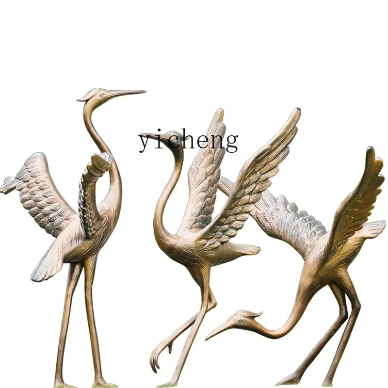 BJ-21 Fiberglass Imitation Copper Crane Sculpture Outdoor Crane Ornament Courtyard Water Pond Red-crowned Crane Model Decoration