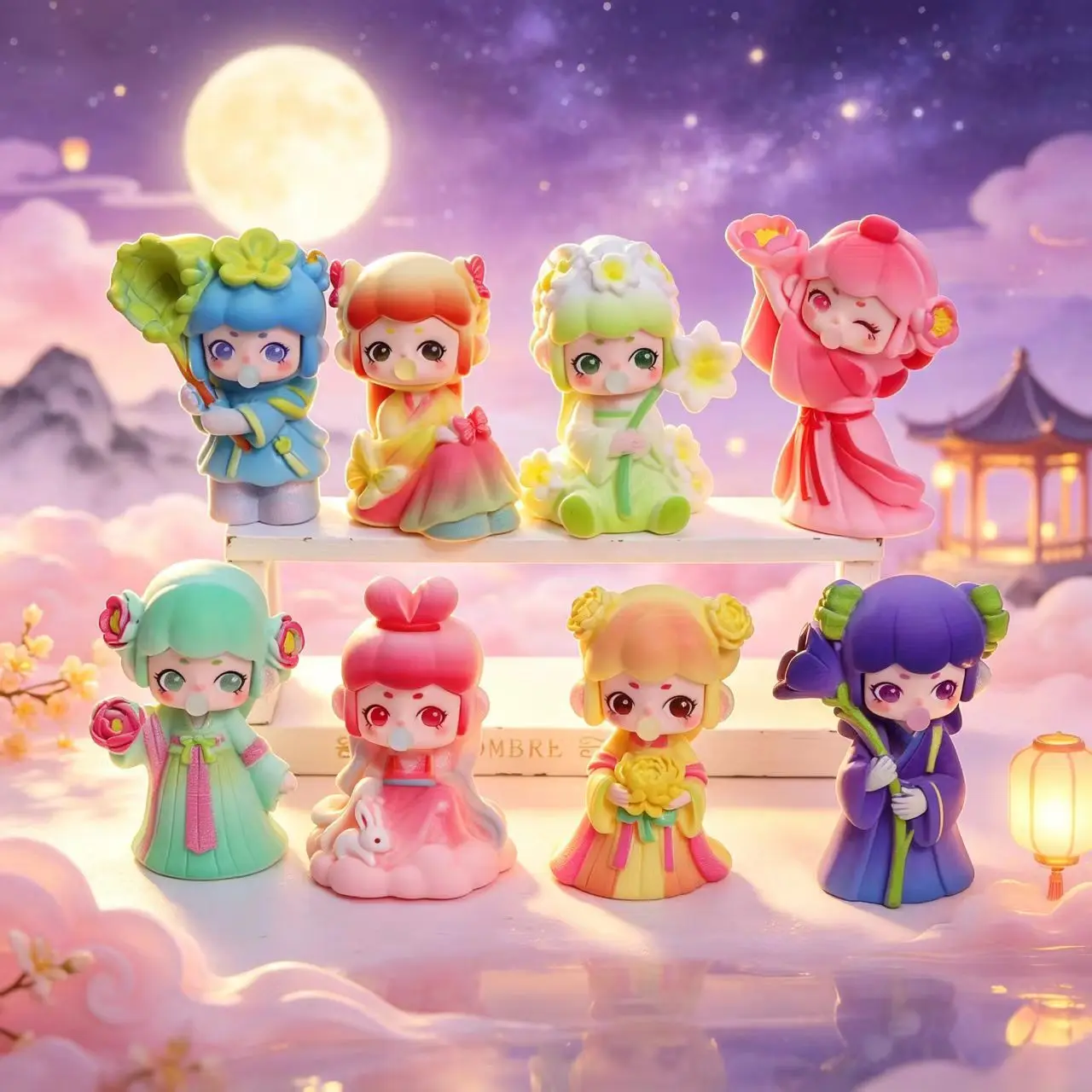 Kawaii Hanfu Girls Ancient Chinese Bubble Blowing Figurine Desktop Ornament Collectible Doll Gift