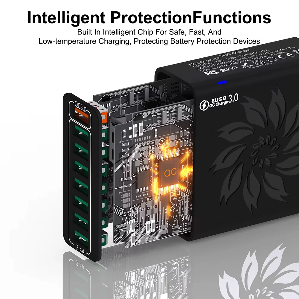 BK319 120 واط 8-Port USB شاحن QC4.0/3.0/2.0 FCP SCP شحن سريع الجدار مهايئ شاحن الاتحاد الأوروبي التوصيل الولايات المتحدة التوصيل ل 16 15 14 13 برو