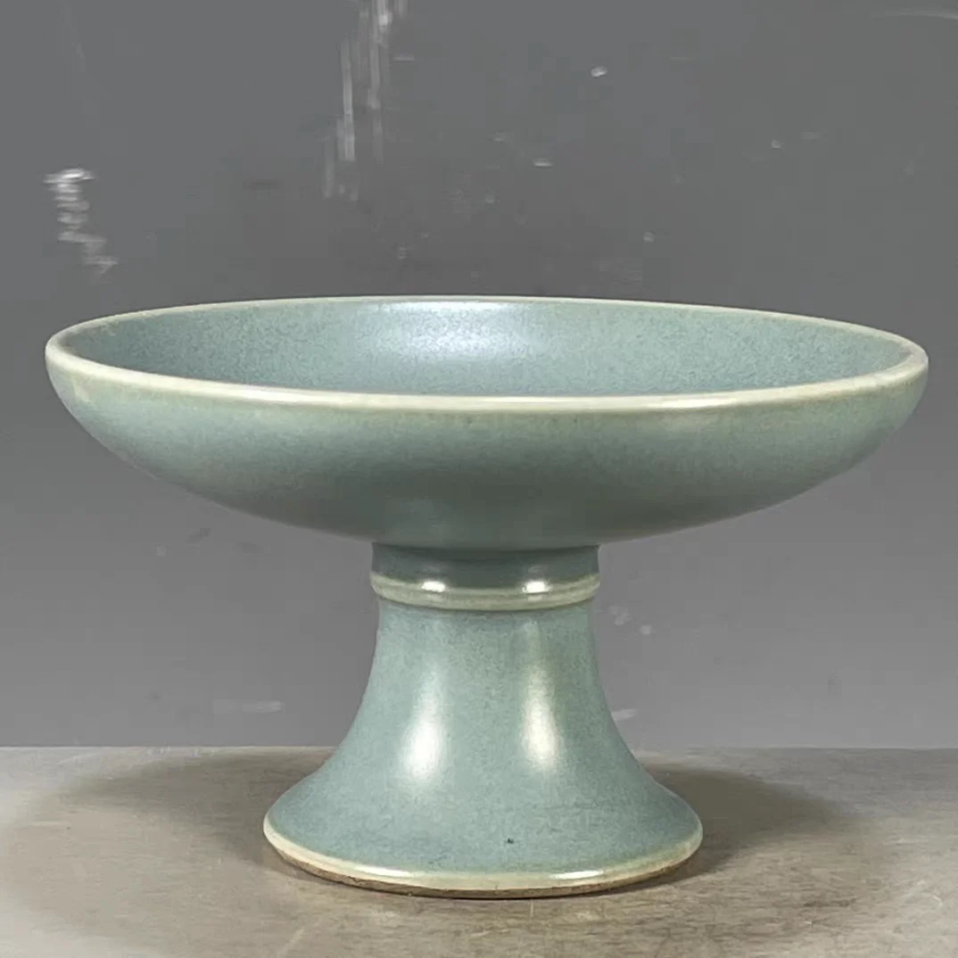 Antique Ming Dynasty Wanli Monochrome Sky Blue Glaze High Foot Fruit Plate Scholar Ceramic Display