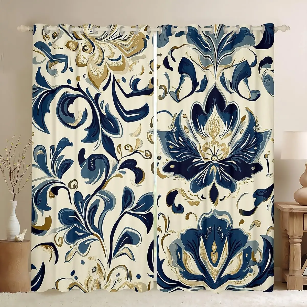 Luxurious Blue Gold Baroque Damask Curtains Polyester Drapes for Living Room and Bedroom Home Decoration Window Panels Curtain S