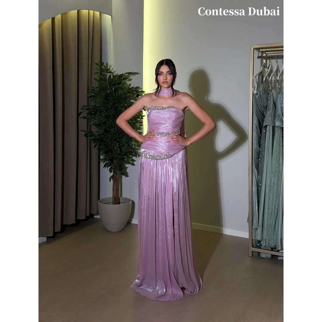 Contessa Custom Strapless Crystal Beaded Prom Dresses Stain Multilayer Pleats Vestidos De Noche Floor Length Formal Evening 2026