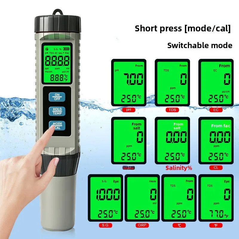 8 in 1 Water Quality Tester Pen TDS EC pH Temperature ORP CL Salt Multifunctional Water Quality Meter for Aquarium Drinking Pool