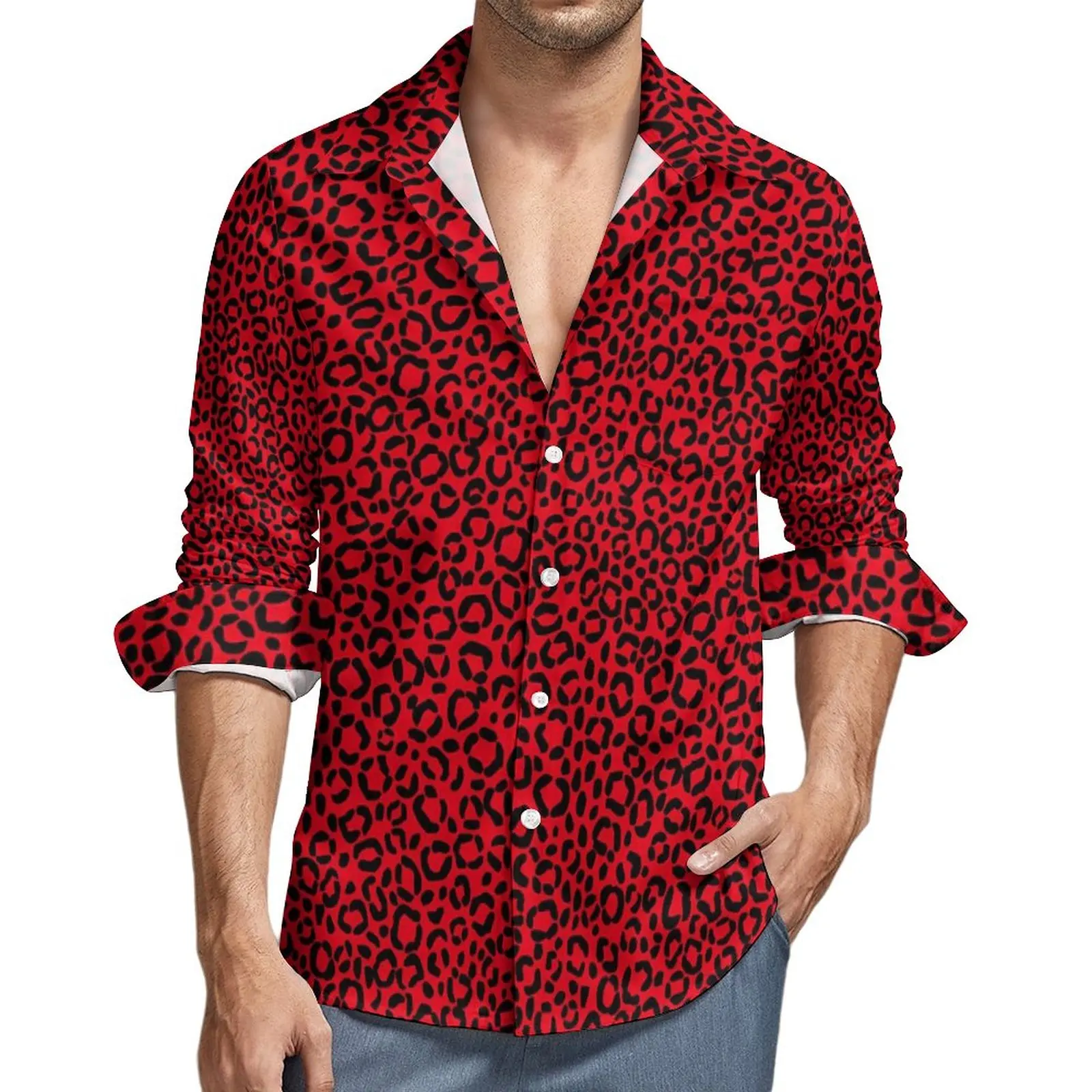 Leopard Spots Shirt Men Red and Black Casual Shirts Spring Y2K Custom Blouses Long Sleeve Vintage Oversize Clothing Gift Idea