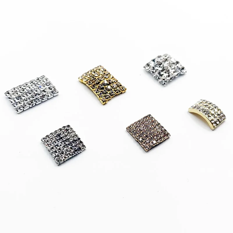 Silver Gold Rhinestone Square Rectangular Flatback Curved Glue on Costume Buttons Wedding Invitation Gift Ornament Fashion Acces