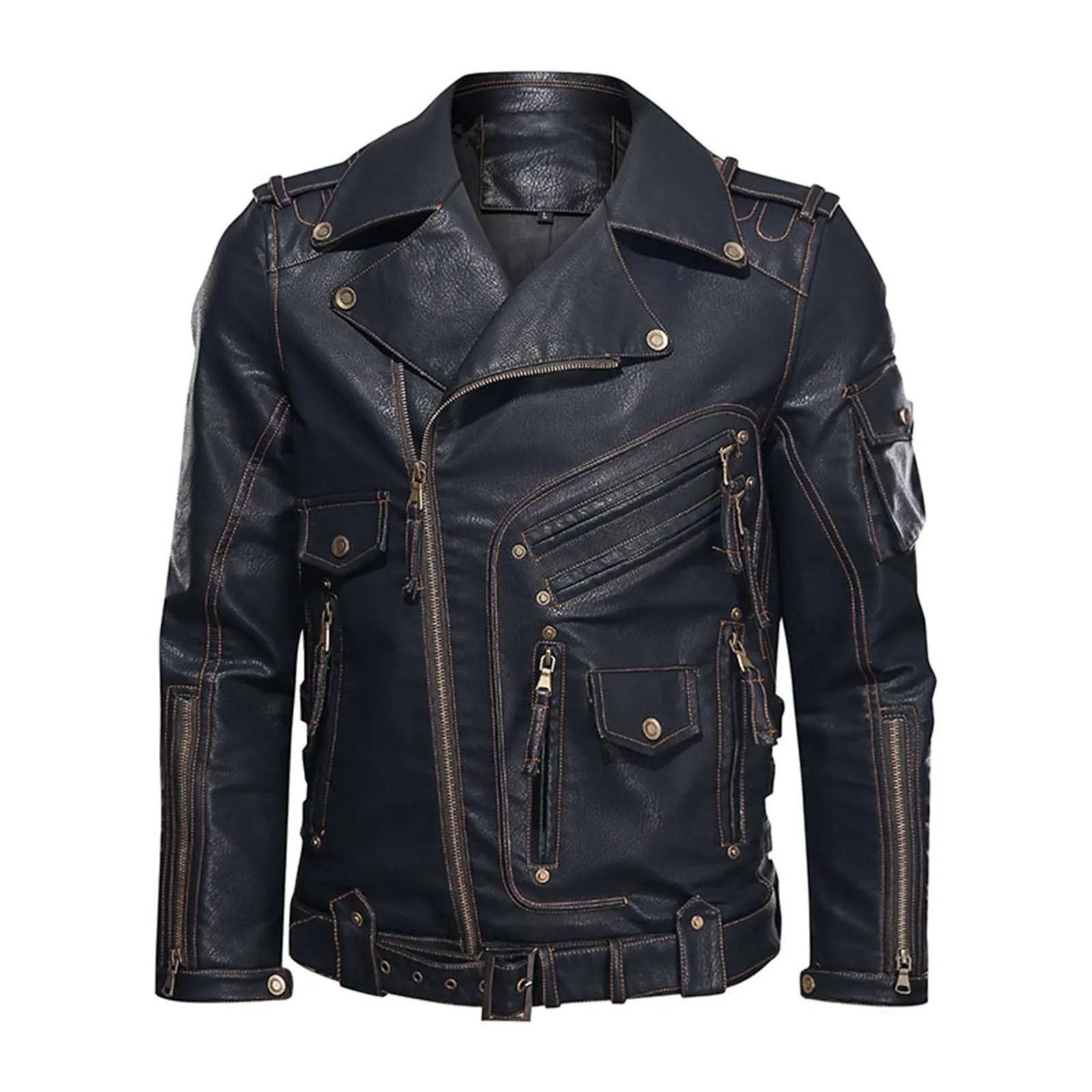 Men's Retro Lapel Leather Zip Jacket Autumn/winter Windproof Casual Motorcycle Faux PU Fit Jacket Biker High Street Coats