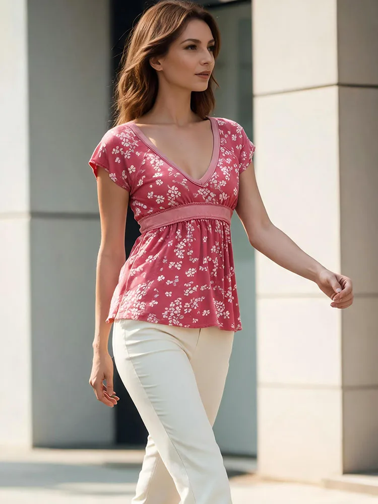 Y2K retro floral top women's rose pink millennium style aesthetic short sleeved V-neck lace border summer casual T-shirt