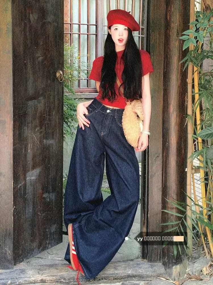 

Ретро темно-синие джинсовые брюки с высокой талией и широкими штанинами, женские осенние новые свободные драпированные длинные брюки небольшого размера для поездок на работу