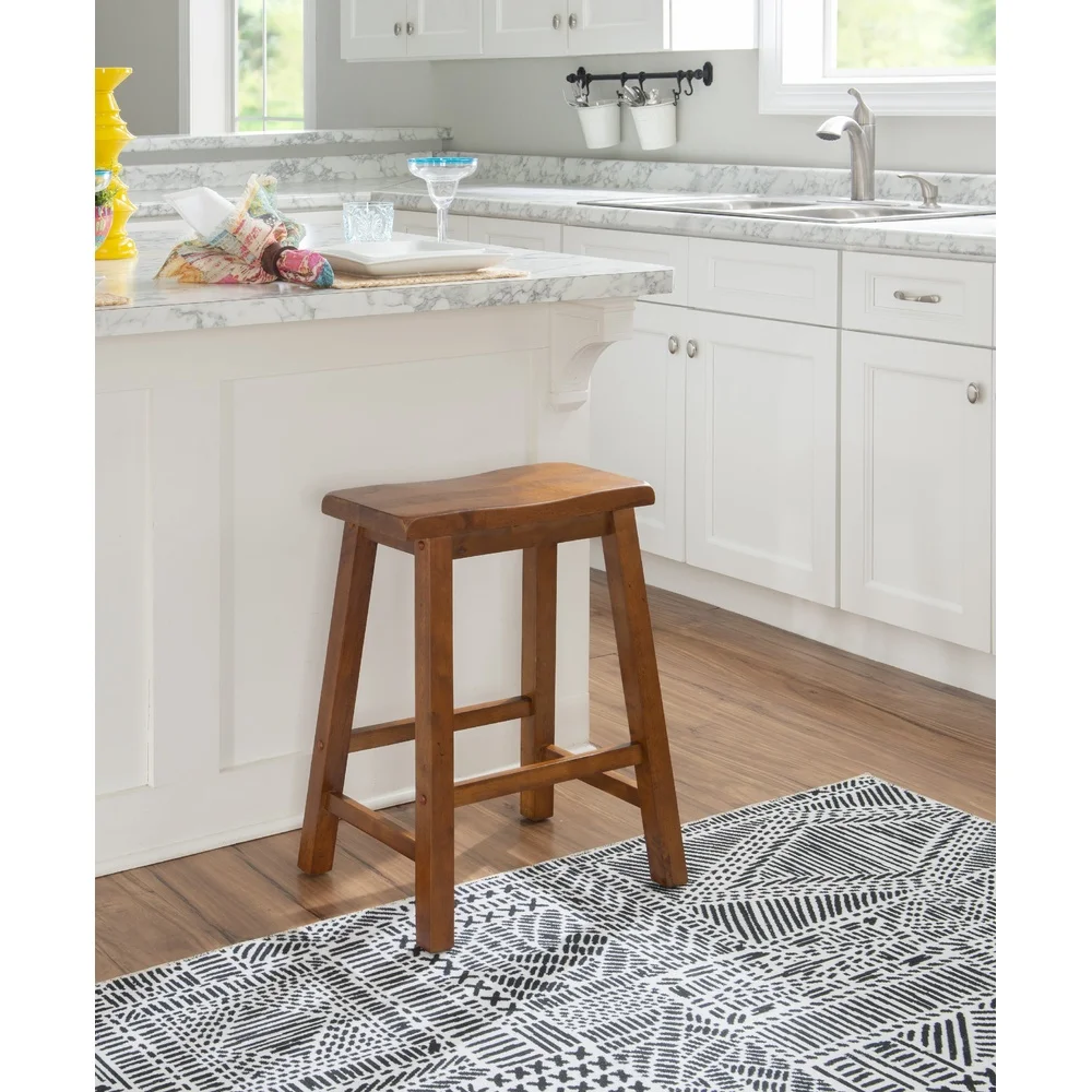 Wooden Saddle Seat Counter Stool 24in Height Rustic Design Simple Assembly Comfortable Footrest Barstool Kitchen Dining Room