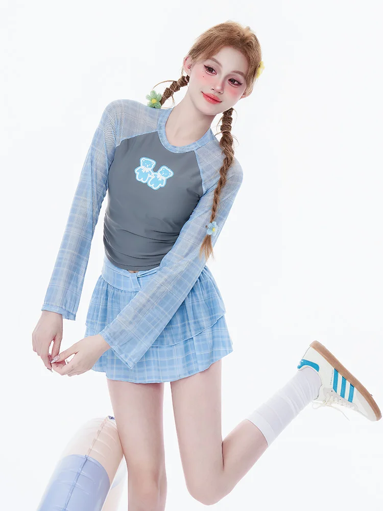 

Mimoi Closet Blue Bear Girl Long Sve Dr Sle Two Piece Set Hot Spring Swimming Suit Women's Nylon round Ne Swimming ...