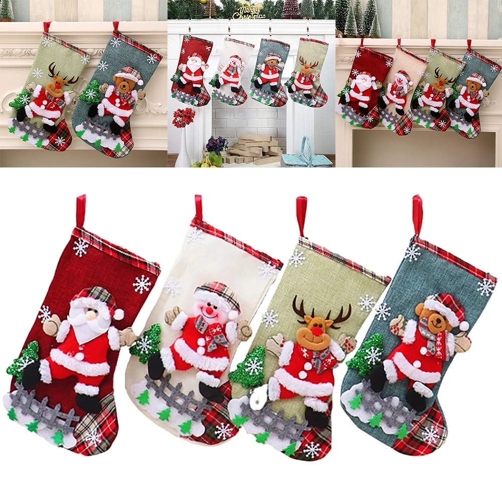 4Pcs Christmas Stockings Set Large Capacity Surprised Gift Bag Set Plush Santa Claus/Snowman/Bear/Elk for Xmas Tree Fireplace