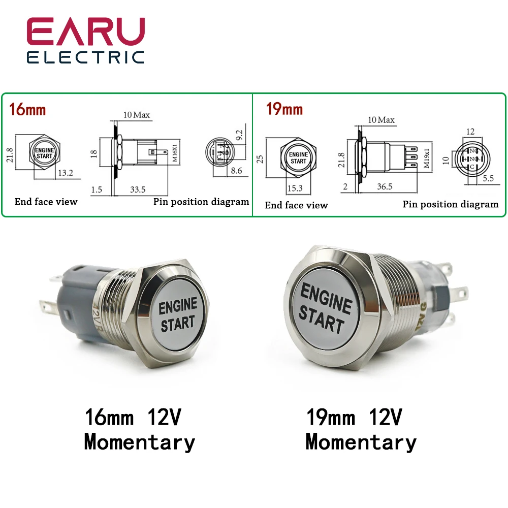 16mm 19mm Metal Button Switch With Light Engine Start Icon Momentary 12V Waterproof Switch Red Yellow Green Blue White Purple