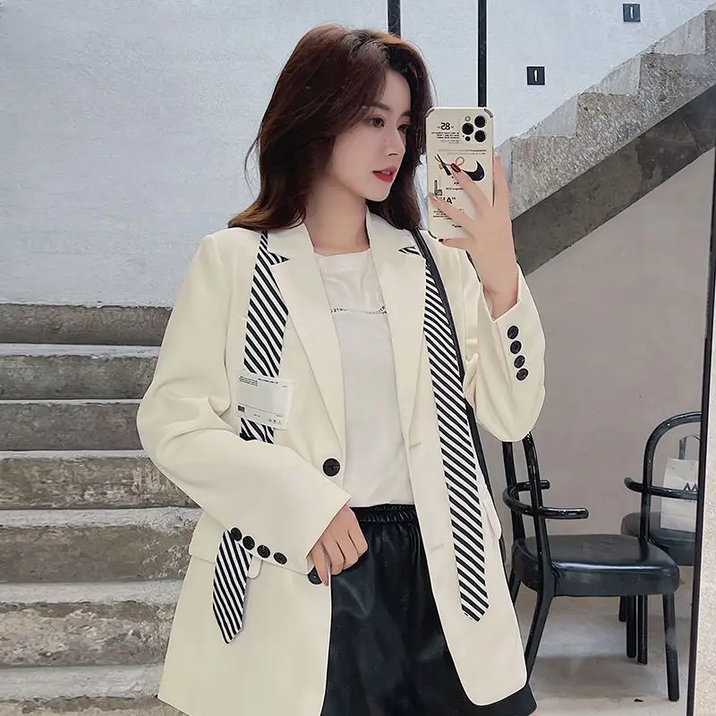 Black Women Blazers and Jackets with Necktie Spring Autumn New Loose Patchwork Long Sleeve Maxi Tailored Coats M-4XL