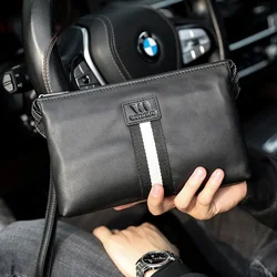 SENOFAN-Bolso de mano grande de doble capa para hombre, cartera de mano 100% de cuero genuino, larga, con cremallera, color negro