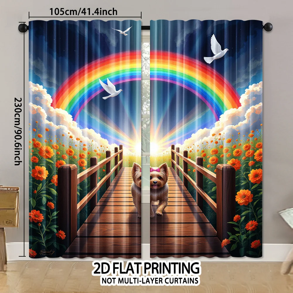 Whimsical Rainbow Dog Curtain Drapes Floral Puppy Window Treatment Bright Decor for Living Room Bedroom