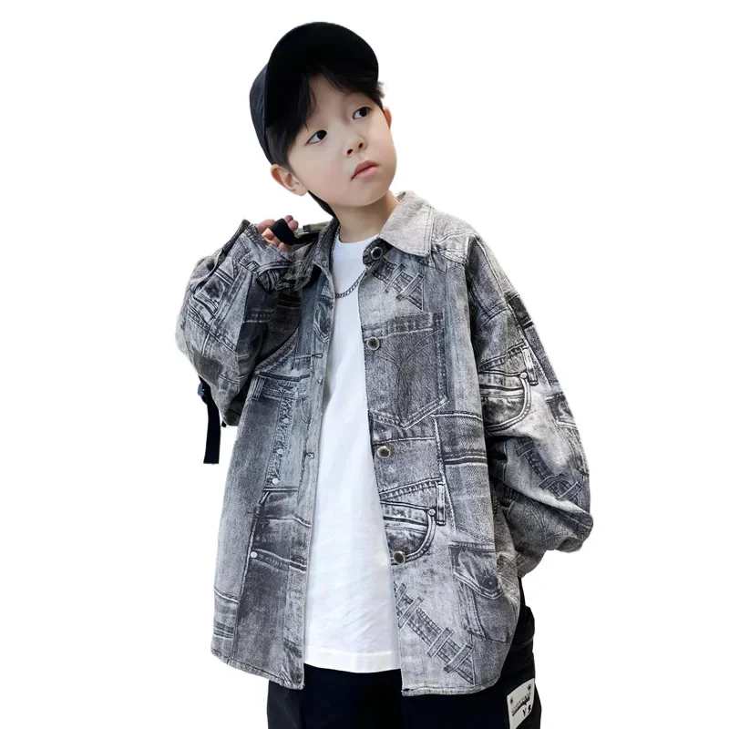 New 2024 Cool Denim Jacket for Boys Fashion Pocket Coats Children Clothing Autumn Spring Clothes Shirts Top Outerwear 5-14 Years