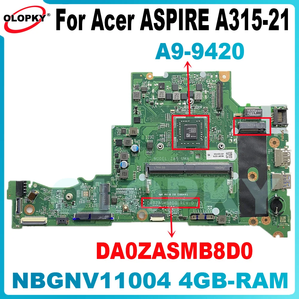 

Материнская плата DA0ZASMB8D0 для ноутбука Acer Aspire A315-21, материнская плата с процессором A4 A6 A9, 4 ГБ ОЗУ NBGNV1100Y NBGNV1100U NBGNV1100W DDR4