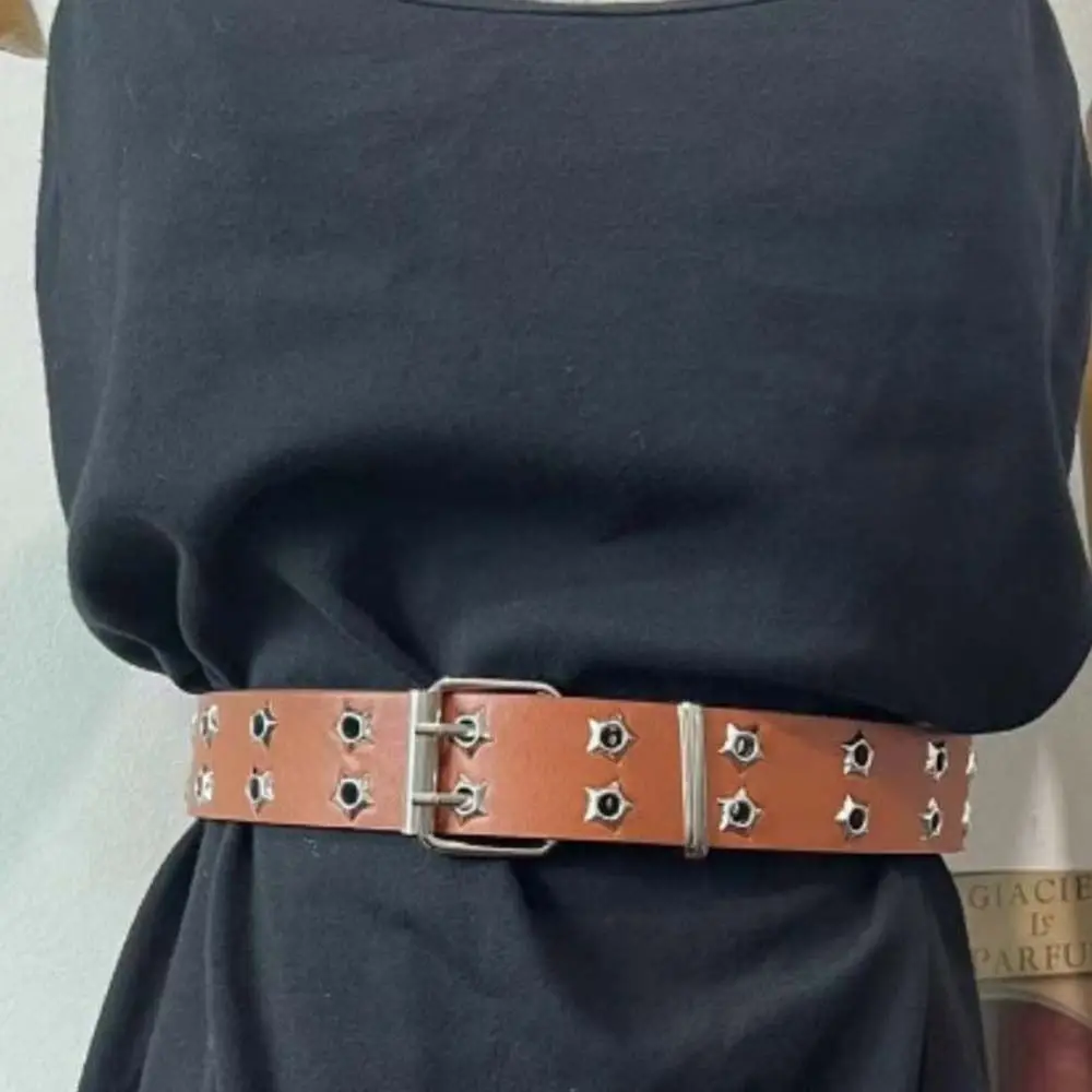 Korean Double Breasted Metal Buckle Star Hole Wide Side Waist Strap Women Waistband Double Grommet Hole Korean Waist Belts