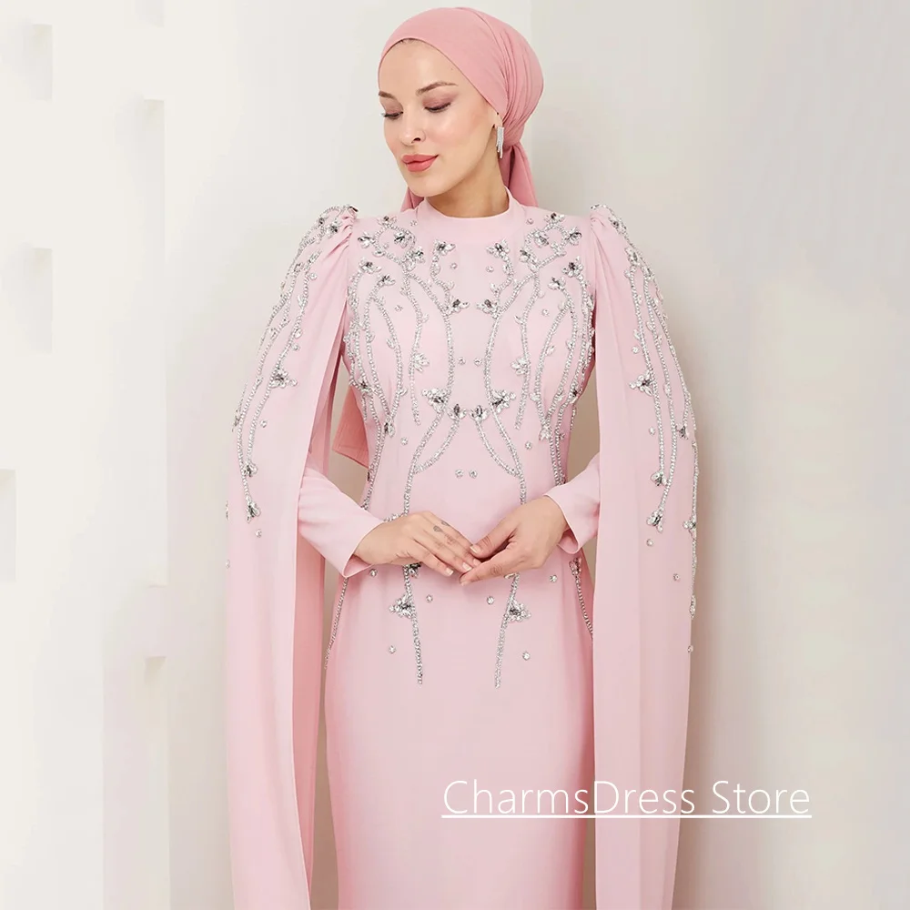 Islamisches Abendkleid, maßgeschneidert, Stehkragen, volle Ärmel, Cape, Kristallperlen, formelles Abendkleid, Hochzeits-Party-Kleider