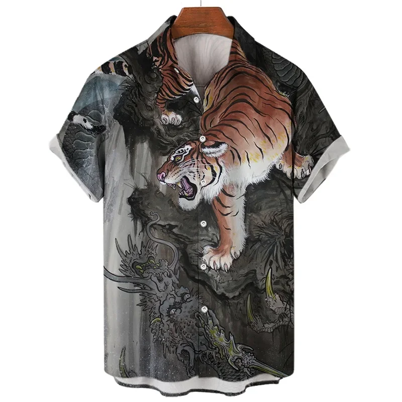 Lightweight Ukiyo-e Aloha Shirt For Men Asian Art Festival Outfit, Classic Ryu Tora Dragon Tiger Bamboo Wave Pattern