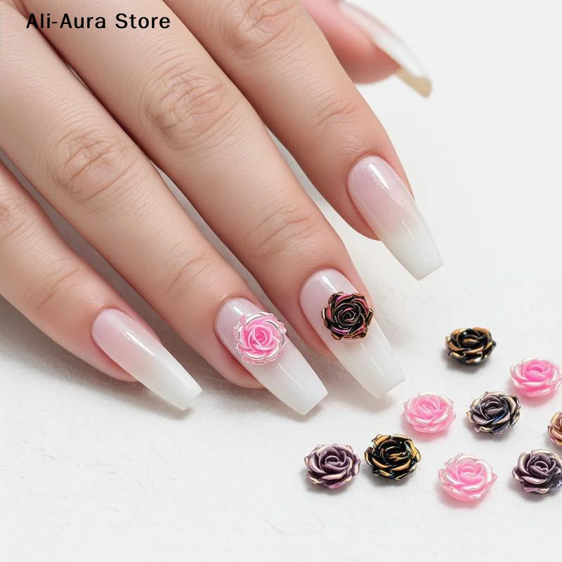 20Pcs 10mm Aurora Gradient Resin Rose Flowers For Jewelry Making 3D Nail Accessories Handmade DIY Nail Art