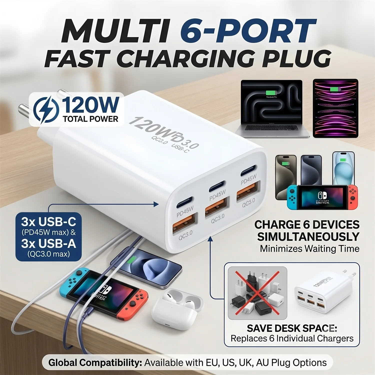 PD 120W 6 Ports USB C Charger Quick Charge 3.0 Type C USB Phone Chargers Fast Charging Adapter for iPhone Samsung Xiaomi Huawei