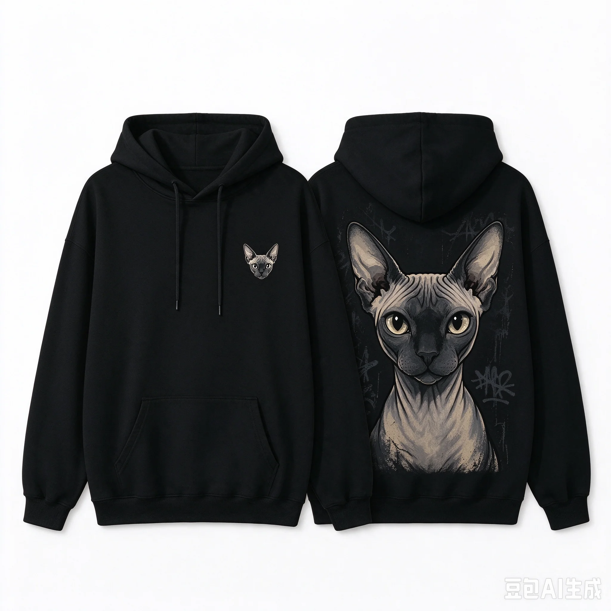 Men's Loose Drawstring Hoodie, Right Chest Small Sphynx Cat Logo, Back Large Hairless Cat Graphic Pullover, Streetwear Casual
