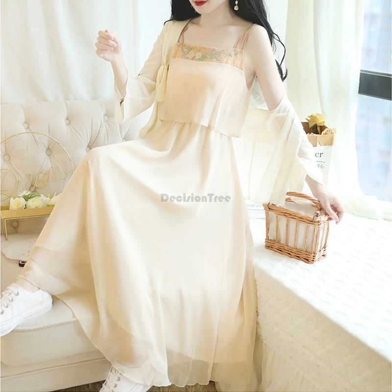 

2024 chinese style exquisite embroidery improved ancient hanfu suit daily solid color suspended gauze dress fairy chiffon shawl