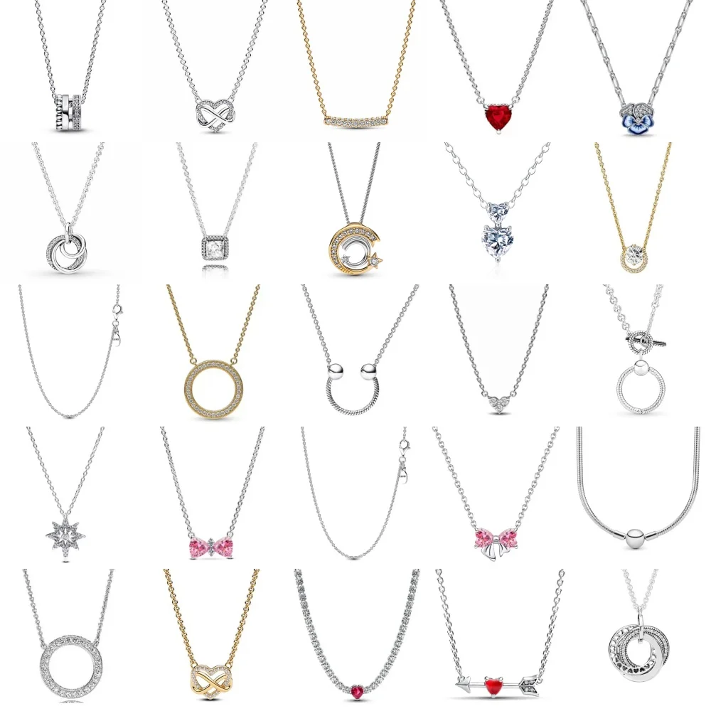 Nuevo original 925 plata brillante en forma de corazón doble amor collar mujeres regalos de cumpleaños del Día de San Valentín DIY joyería collar de lazo