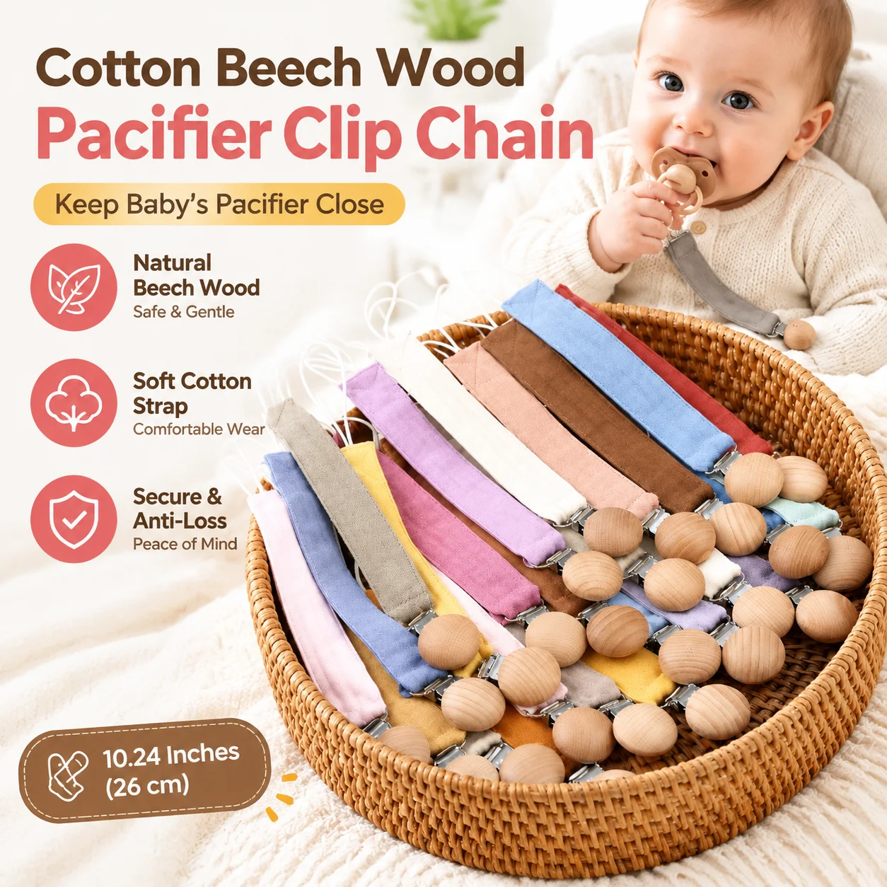 Cotton Beech Wood Pacifier Clip Chain Baby Teething Toy Holder Anti-Loss Strap 10.24 Inch for Infant