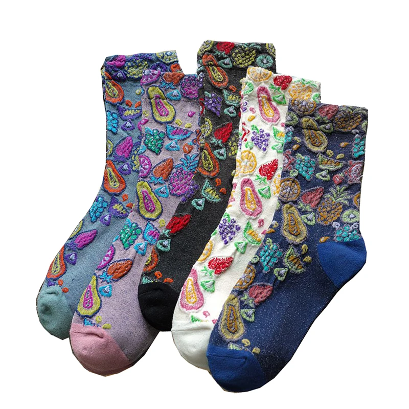 3 Pairs Korean Style Women Socks Ethnic Print Pattern Autumn Winter Cotton Socks Middle Tube Breathable Designer Sokken Vrouwen