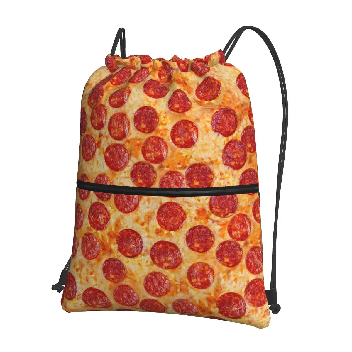 Realistic Pepperoni Pizza Pattern Backpacks Portable Drawstring Bundle Pocket Sports Bag Book Bags for Travel Students