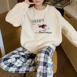 Peanuts Cartoon Snoopy Coral Fleece Pajamas Round Neck Thick Flannel Home Clothes Ins Women Cute Christmas Gift For Girlfriend