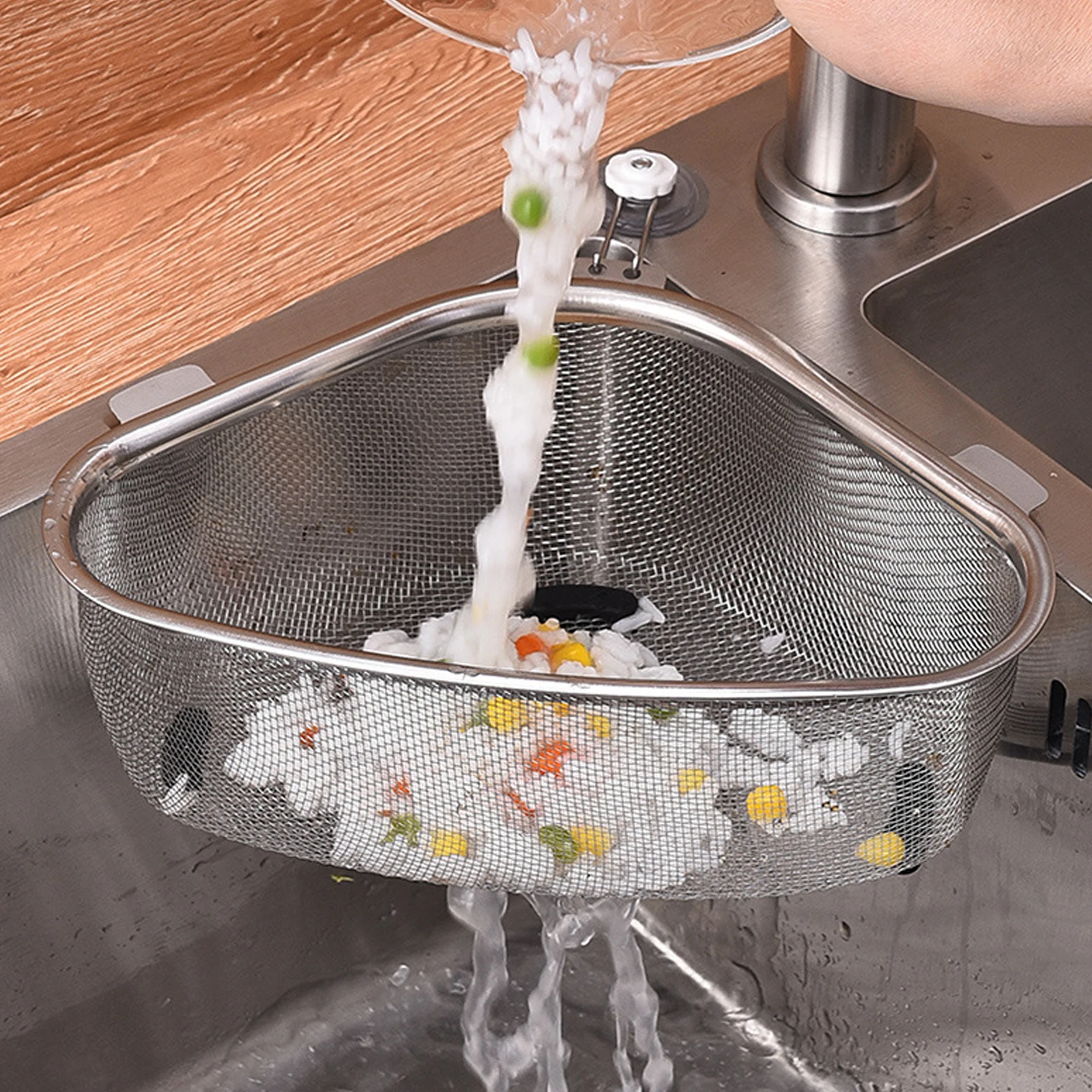 

1Pcs Kitchen Stainless Steel Multi-functional Waste Residue Filter Leakage Wash Vegetables Drain Basket Triangle Sink