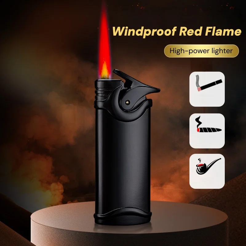 Retro Windproof Straight Forward Red Flame Gas Lighter Metal Compact and Portable Press Ignition Lighter Adjustable Flame Size