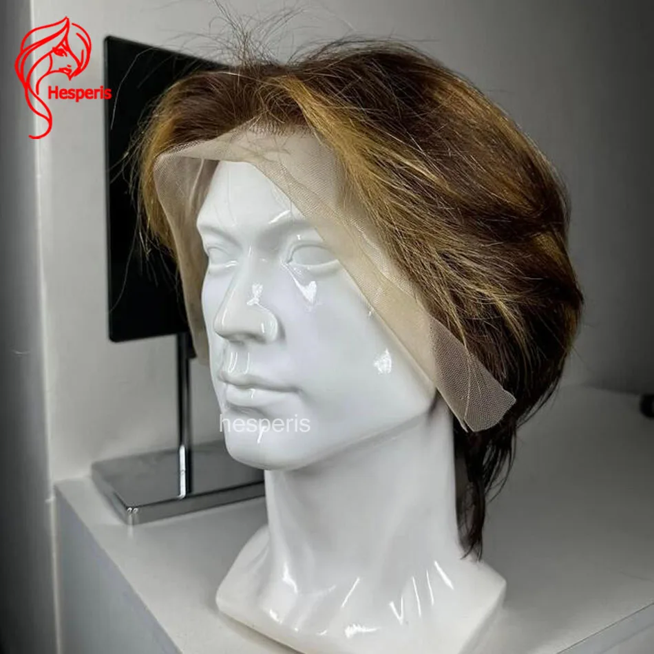 Hesperis 13x6 Deep Part Lace Front Wig for Men Brazilian Remy Hair Highlighted Short Cut Natural Looking Pre-Plucked Male Wig