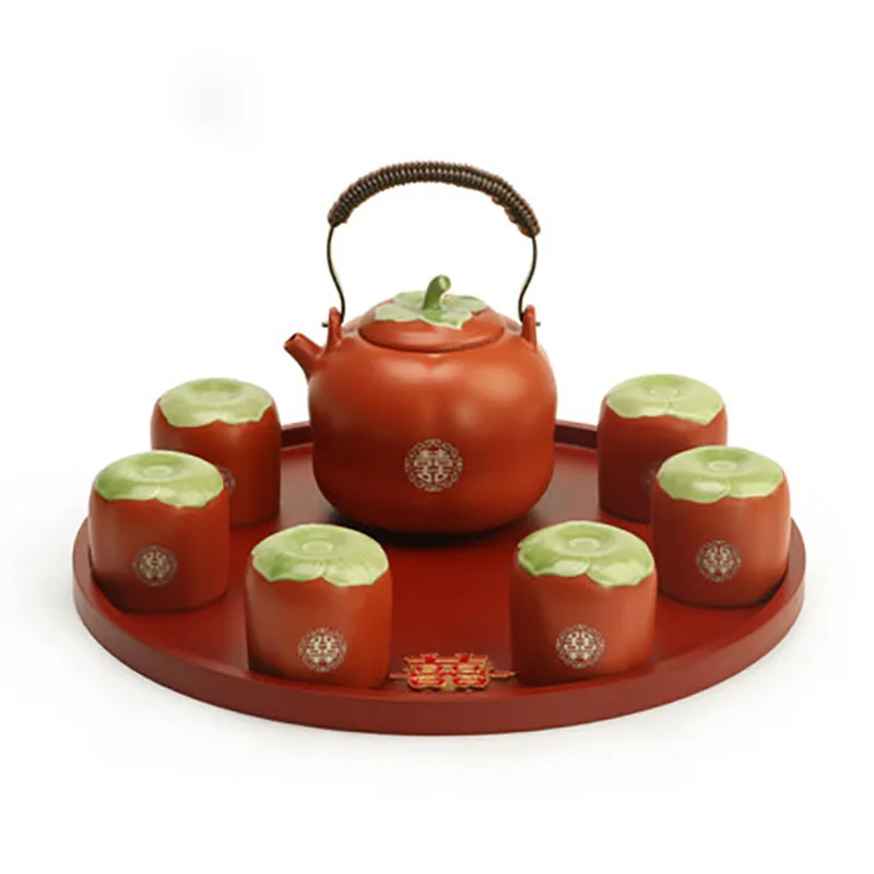 

Household Ceramics Persimmon Shape Teapot Set, Teacup, Tea Pot, Ceremony for Chinese Red, Wedding Supplies, Souvenir Gifts