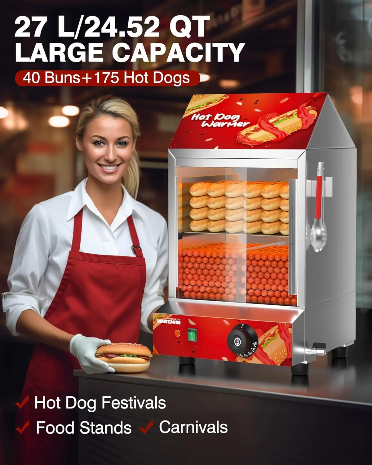 Hot Dog Steamer - 2 Tiers Electric Hot Dog Steamer With Bun Warmer 27 L/24.52 Qt, Visuable Glass Slide Doors Suit For 175 Hot