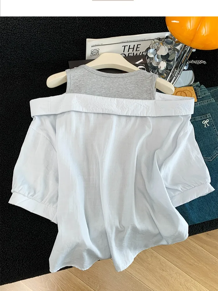 

Color Block Short Sleeve Shirt Women's Summer Thin Design Shoulder Bared Lazy Loose Style Top Korean Version Commute Style