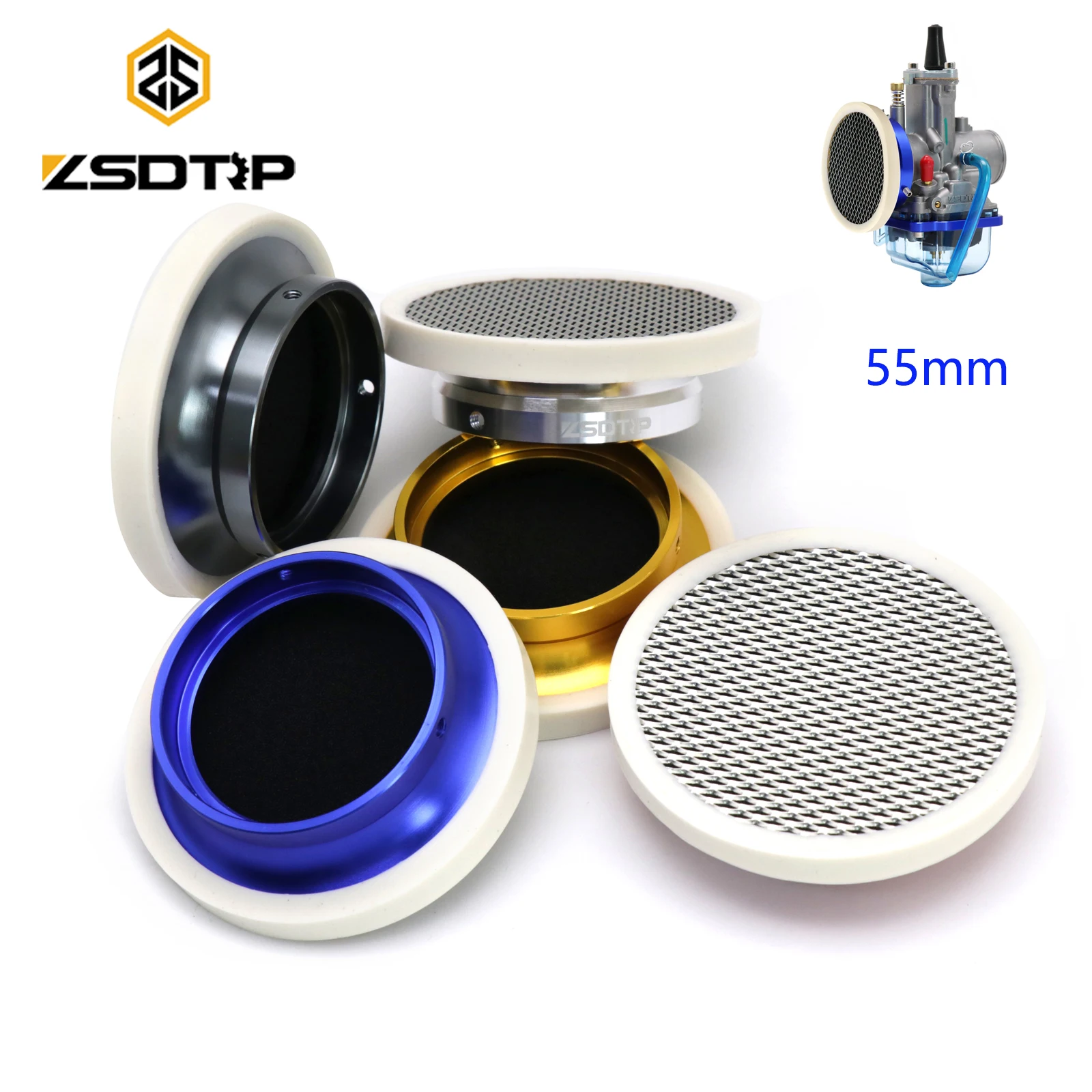 ZSDTRP 55mm CNC Aluminum Carburetor Air Funnel Velocity Stack Air Filter Cup With Net For PWK OKO KOSO 32 34mm TM VM 32 34mm